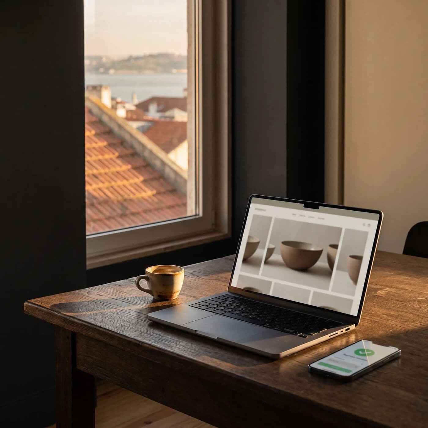 Secretária num estúdio em Lisboa ao fim da tarde, com uma loja online aberta no portátil e um pagamento confirmado no telemóvel