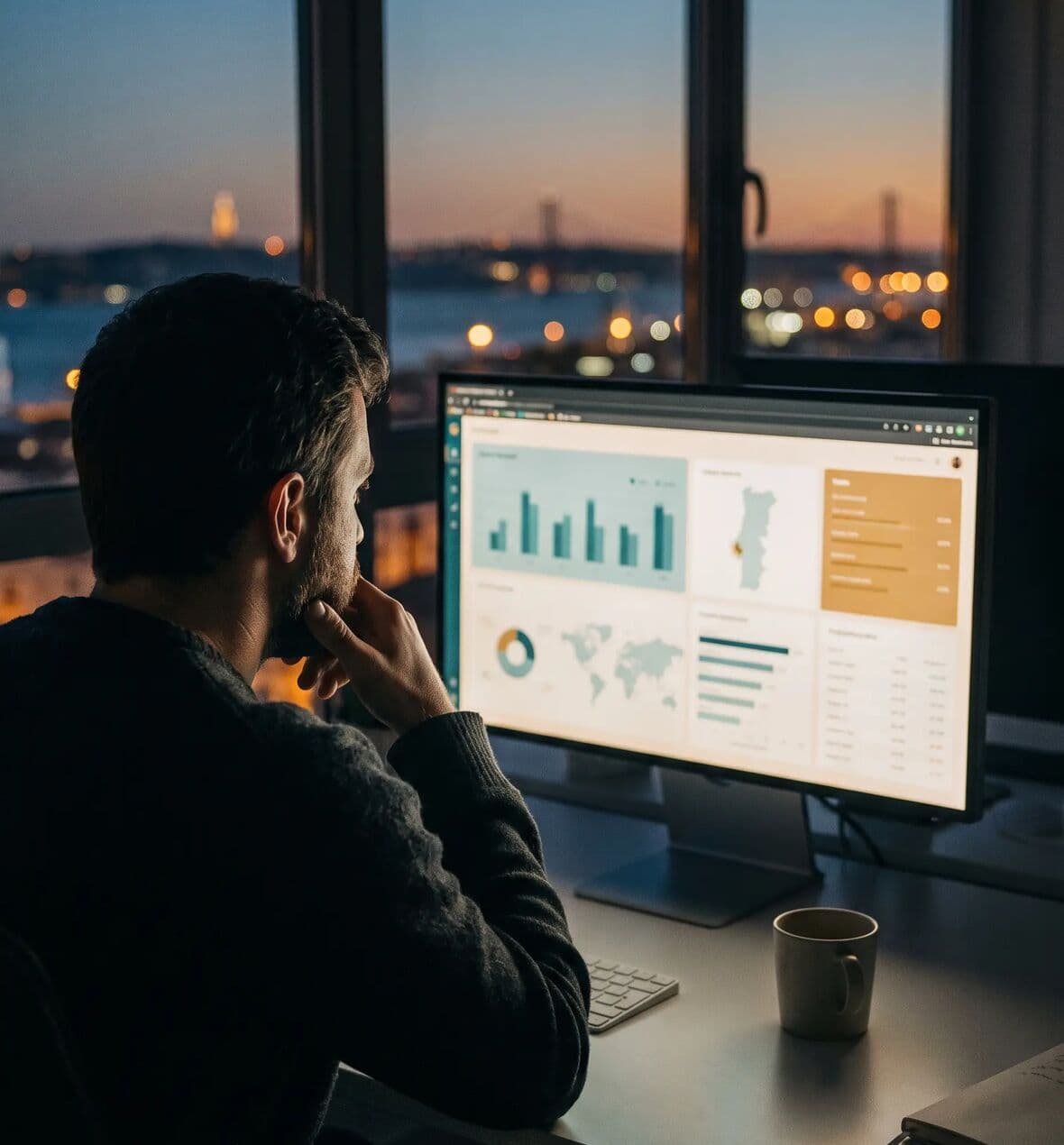 Dashboard de gestão num monitor, num escritório em Lisboa ao anoitecer